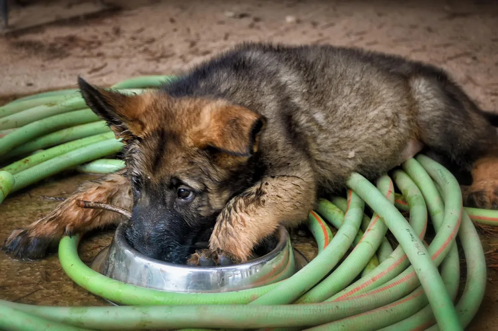 german shepherd cute puppy laying on a water hose