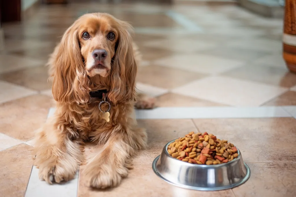 english cocker spaniel dog laying near a dog food bowl