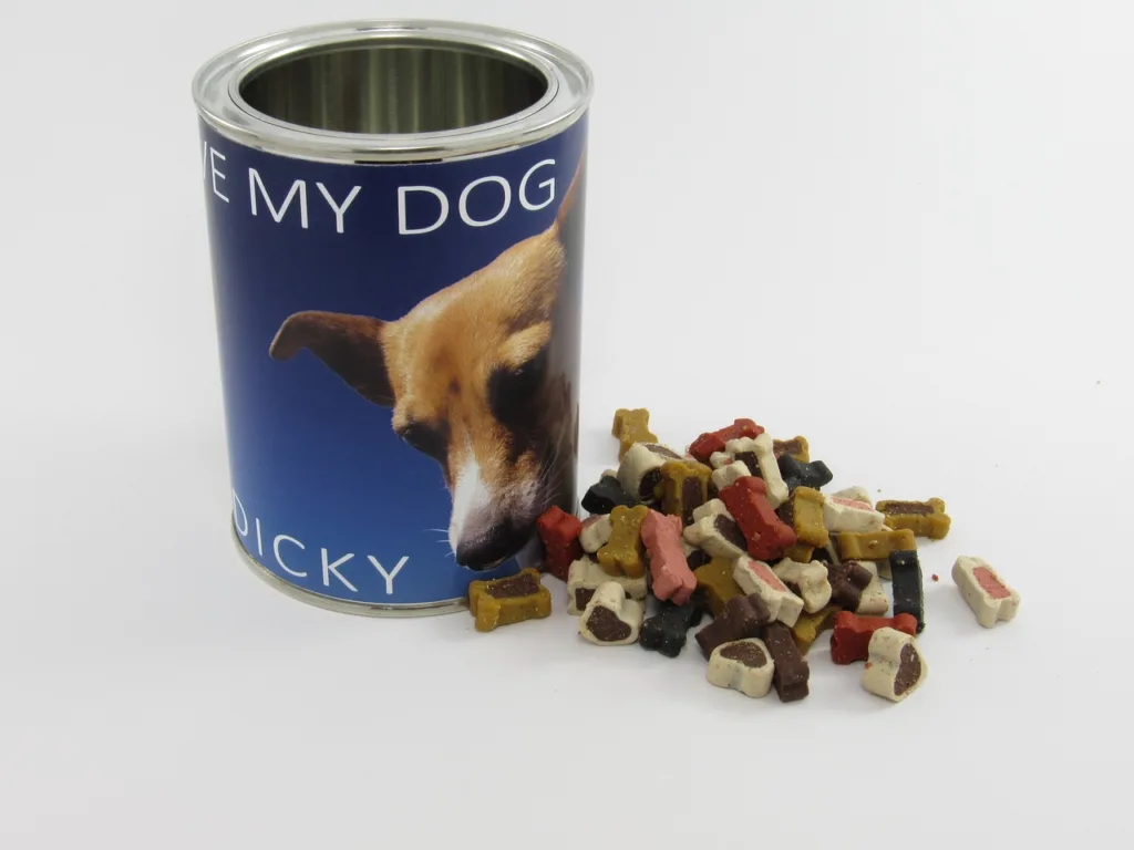 dry dog foods in a blue food can